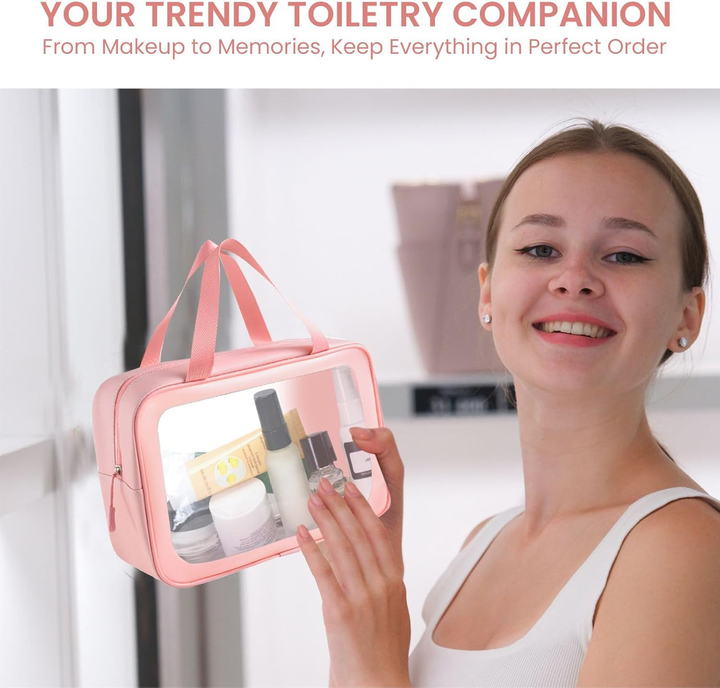 Travel Toiletry Bag for Women Men -Waterproof, Clear, Portable and Cute Makeup Cosmetic Bag Set (3-Pink)