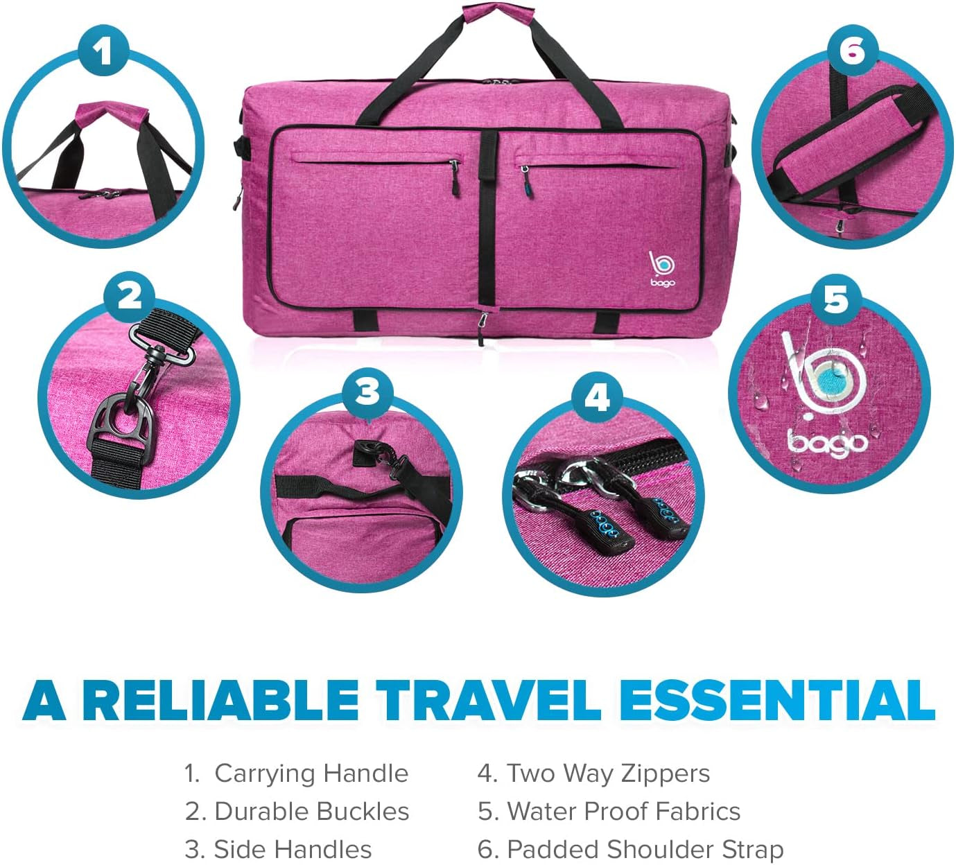 Large Foldable Duffel Bags for Traveling Women & Men - 80L Packable Duffle Bag for Travel with Shoe Compartment - Water Repellant, Heavy Duty, Lightweight Folding & Collapsible (Snowpink)