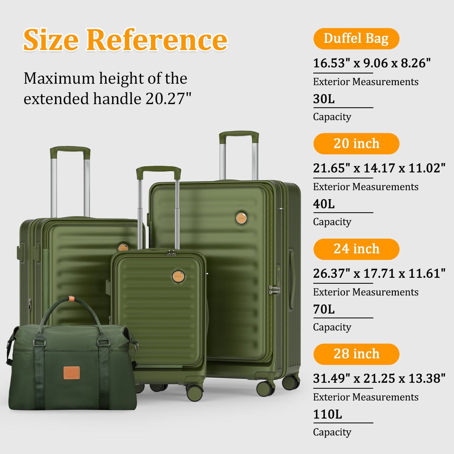 4 Luggage Sets PC Hardshell Front-Opening Spinner Luggage Set – Lightweight, Durable & TSA-Approved (Green)