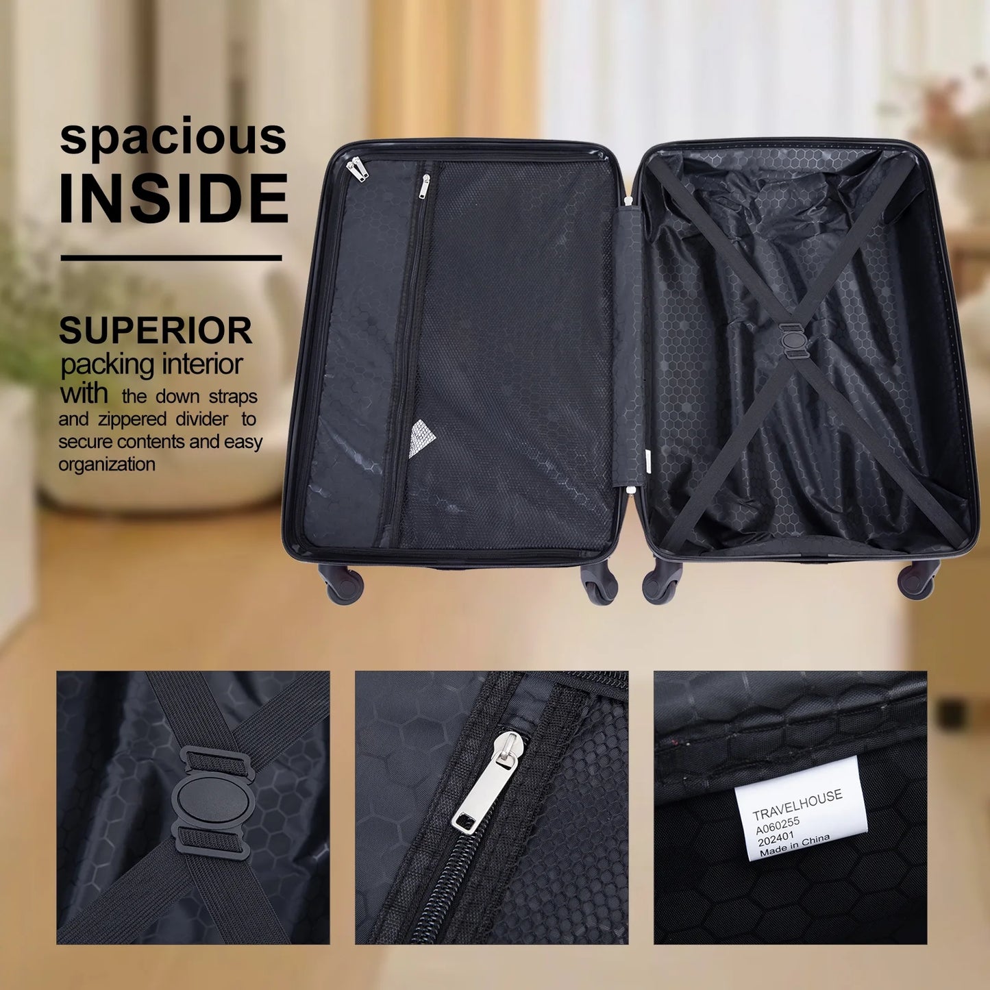 4 Piece Hardshell Luggage Set Hardside Lightweight Suitcase with TSA Lock Spinner Wheels.(Black)