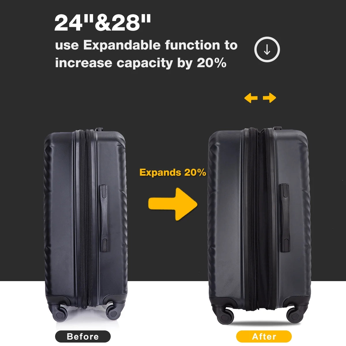 5 Piece Hardside Luggage Set Hardshell Expandable Lightweight Suitcase TSA Lock Spinner Wheels with Duffel Bag.(Black)
