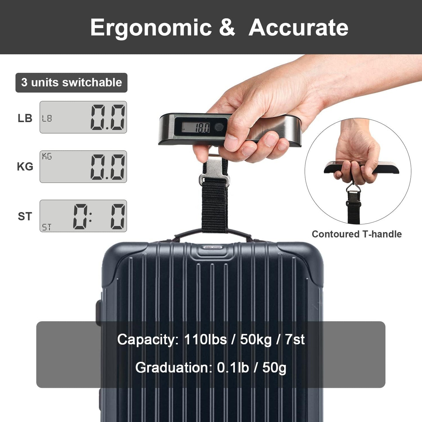 Luggage Scale, Portable Digital Hanging Baggage Scale for Travel, Suitcase Weight Scale with Rubber Paint, 110 Pounds, Battery Included