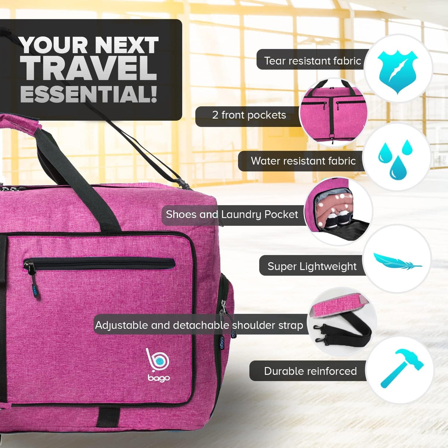 Large Foldable Duffel Bags for Traveling Women & Men - 80L Packable Duffle Bag for Travel with Shoe Compartment - Water Repellant, Heavy Duty, Lightweight Folding & Collapsible (Snowpink)