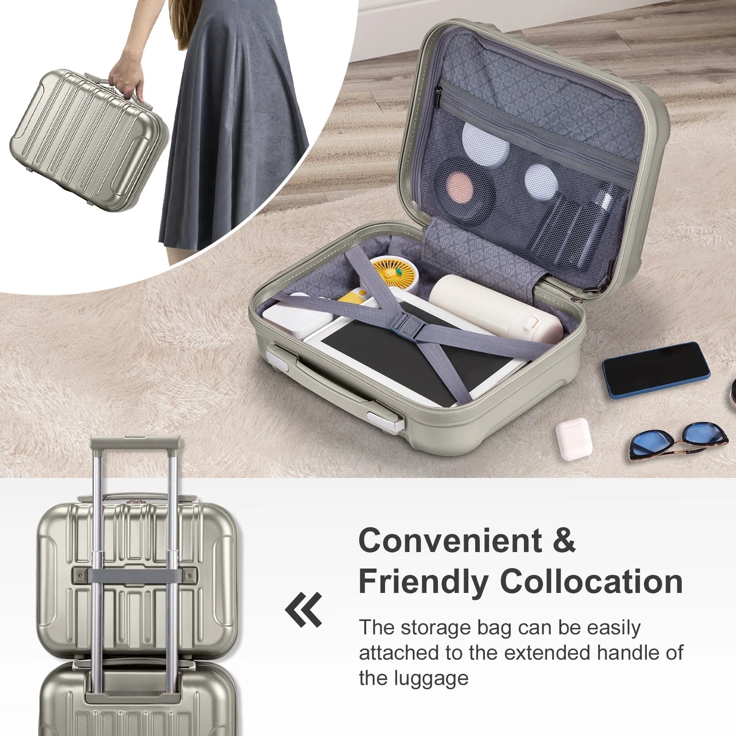 2 Piece Luggage Set, 20" Carry-On Expandble ABS+PC Luggage Hardside Lightweight Suitcase, 14" Mini Cosmetic Cases, Gray