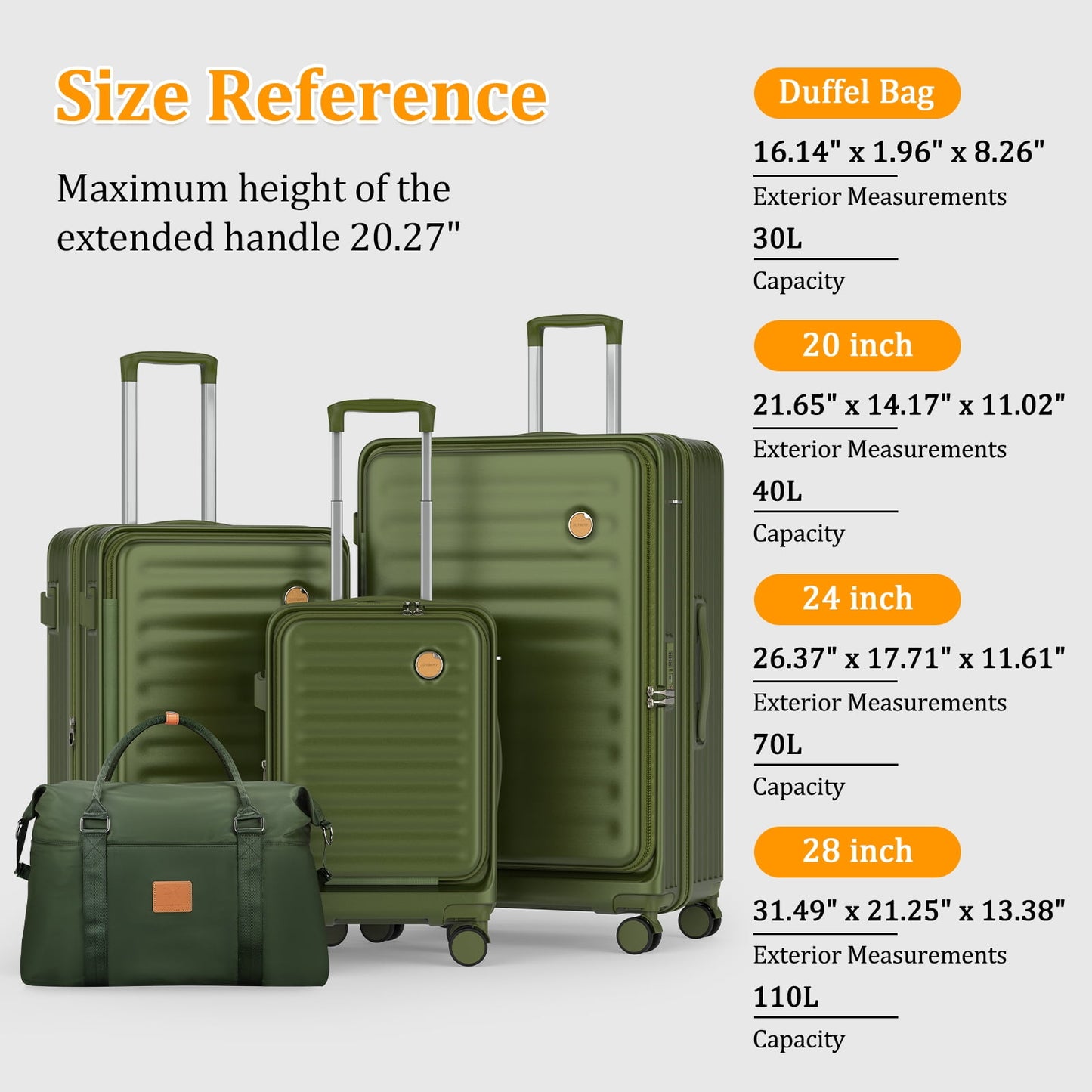 4 Luggage Sets PC Hardshell Front-Opening Spinner Luggage Set – Lightweight, Durable & TSA-Approved (Green)