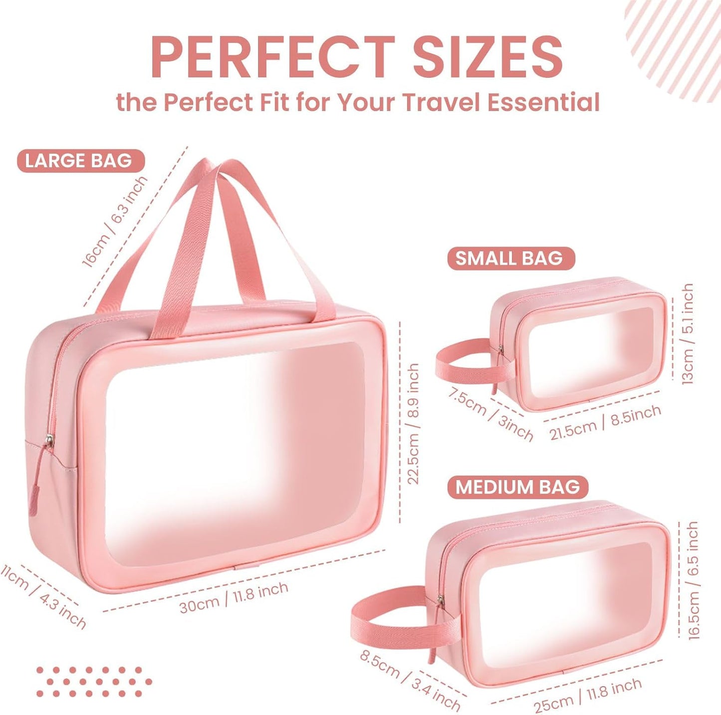 Travel Toiletry Bag for Women Men -Waterproof, Clear, Portable and Cute Makeup Cosmetic Bag Set (3-Pink)