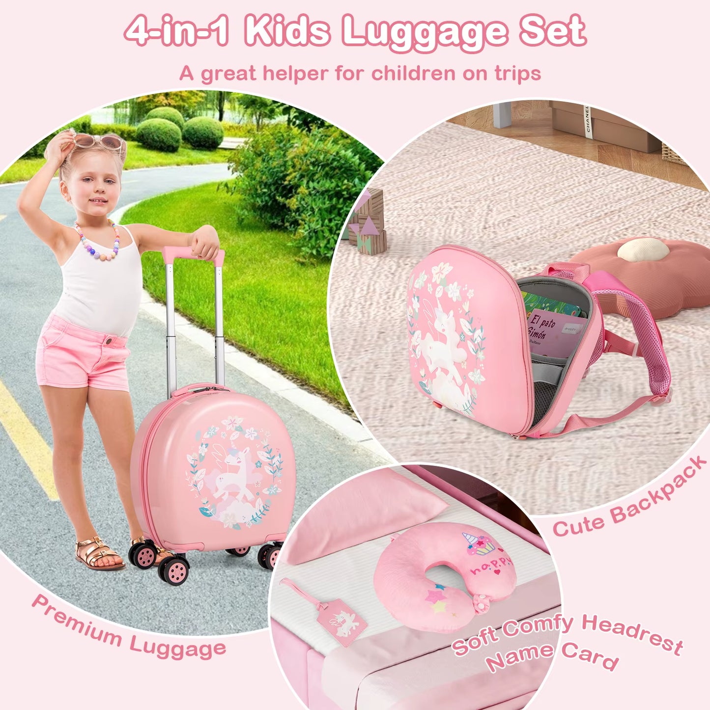 4-Piece Kid'S Luggage Set W/ 14" Carry-On Hardside Spinner Toddler Luggage