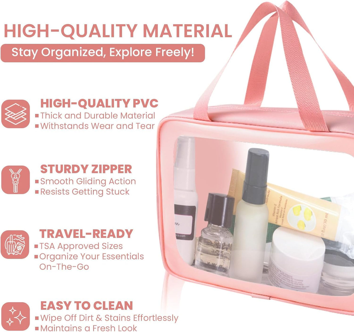 Travel Toiletry Bag for Women Men -Waterproof, Clear, Portable and Cute Makeup Cosmetic Bag Set (3-Pink)