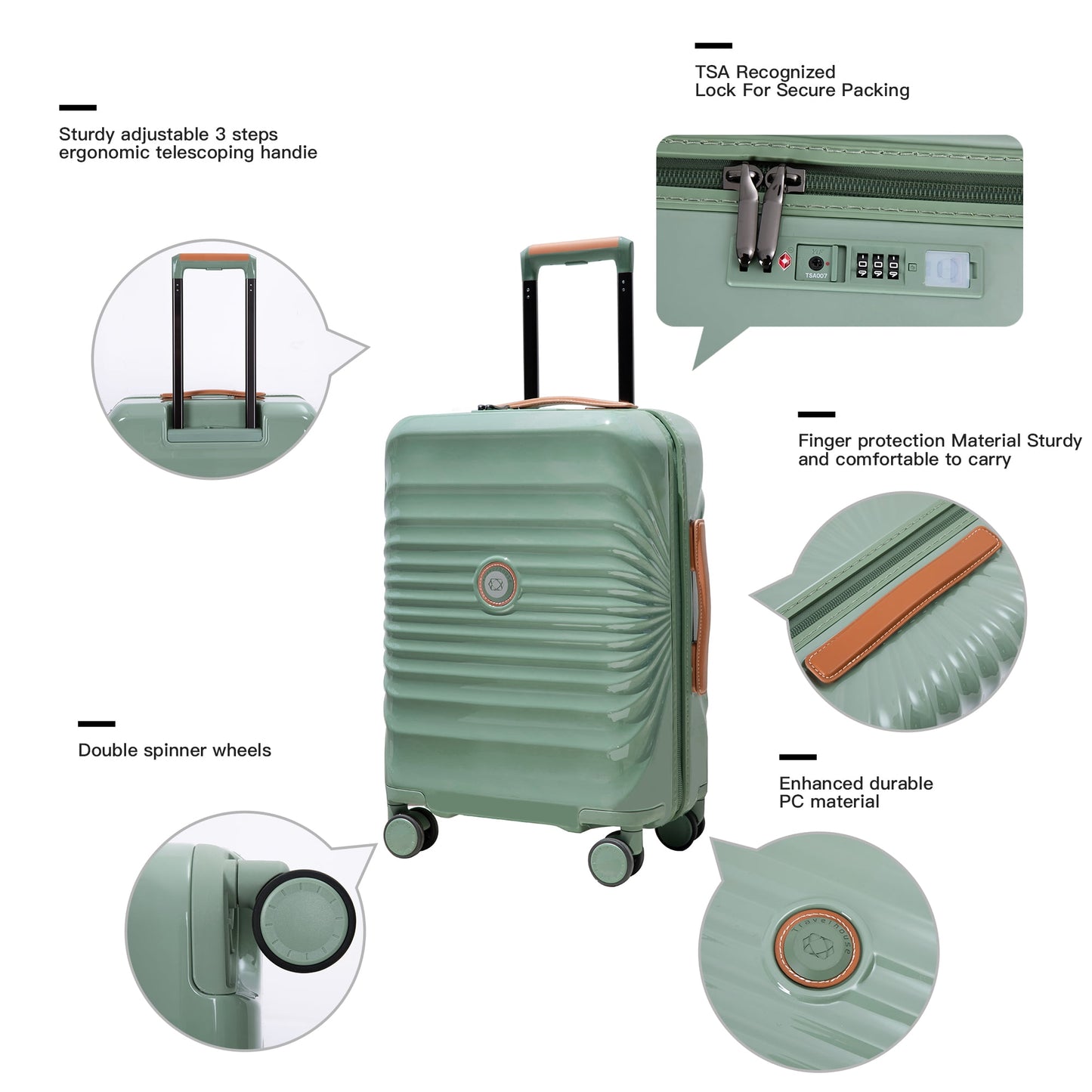Hardshell Carry on Luggage Hardside Lightweight Suitcase with TSA Lock Spinner Wheels. (Green)