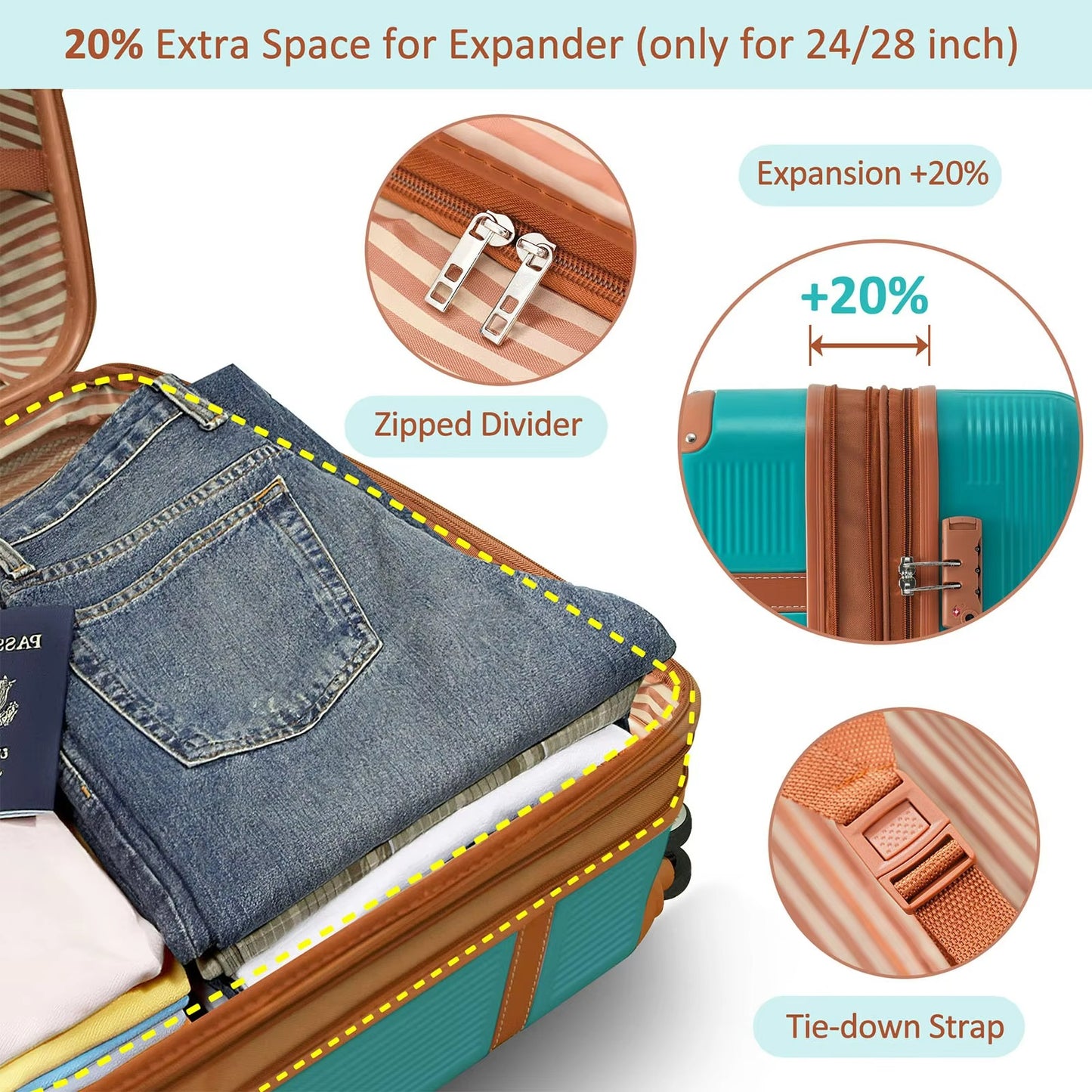 3 Pcs Luggage Travel Suitcase with 8 Spinner Wheels TSA Lock Collision-Protection Angle Travel Rolling Luggage 20'' 24'' 28''