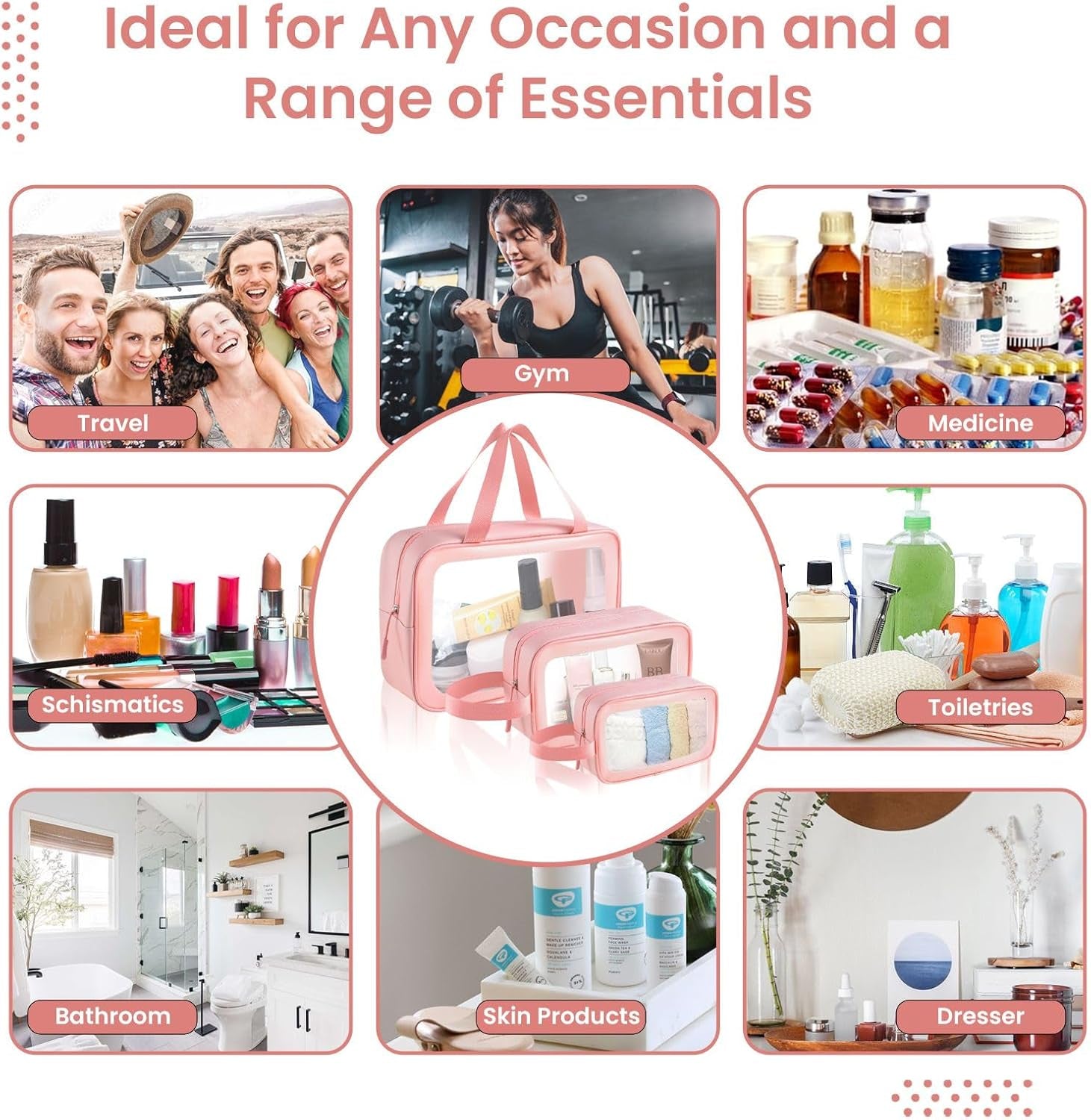 Travel Toiletry Bag for Women Men -Waterproof, Clear, Portable and Cute Makeup Cosmetic Bag Set (3-Pink)