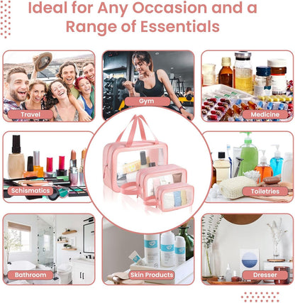 Travel Toiletry Bag for Women Men -Waterproof, Clear, Portable and Cute Makeup Cosmetic Bag Set (3-Pink)