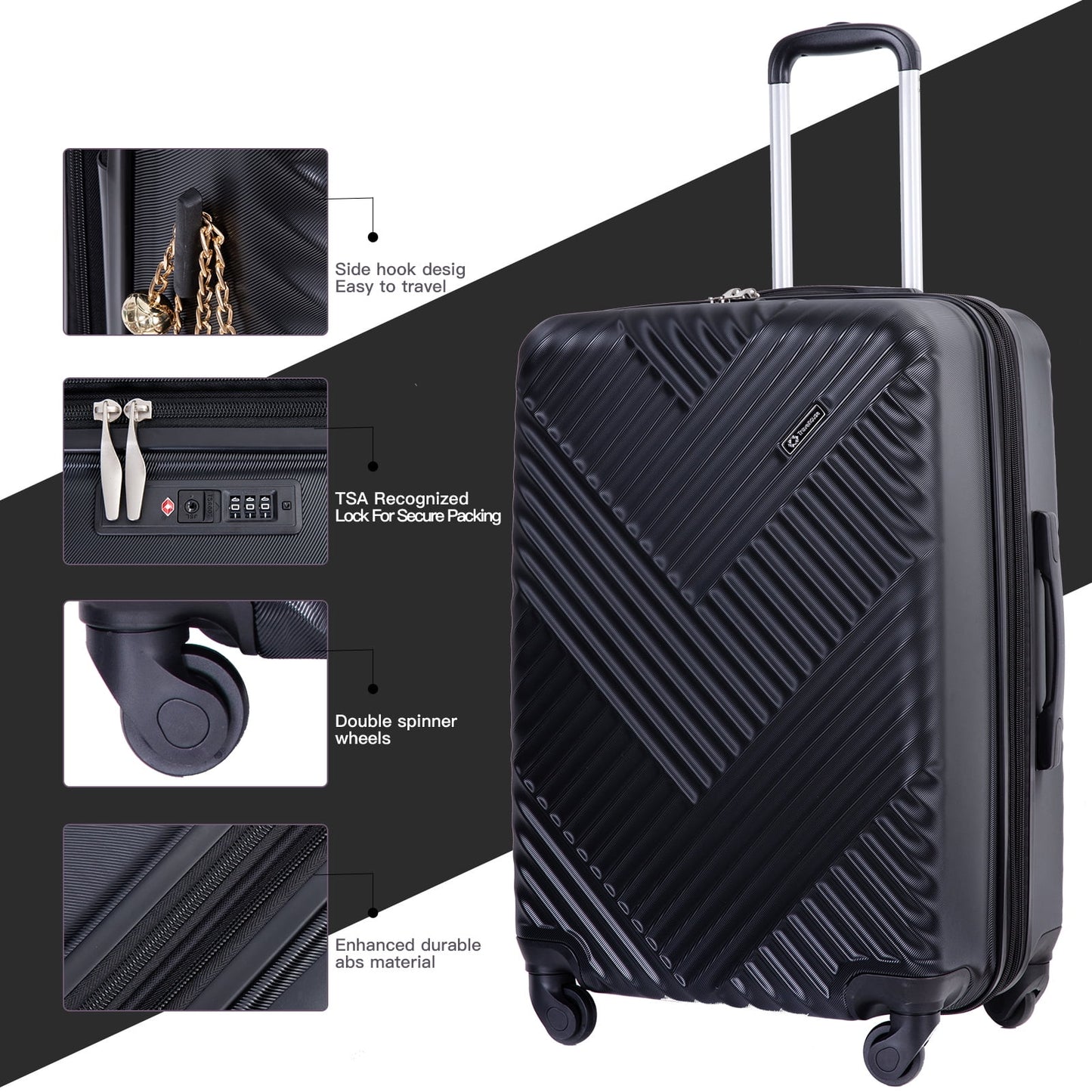 5 Piece Hardside Luggage Set Hardshell Expandable Lightweight Suitcase TSA Lock Spinner Wheels with Duffel Bag.(Black)