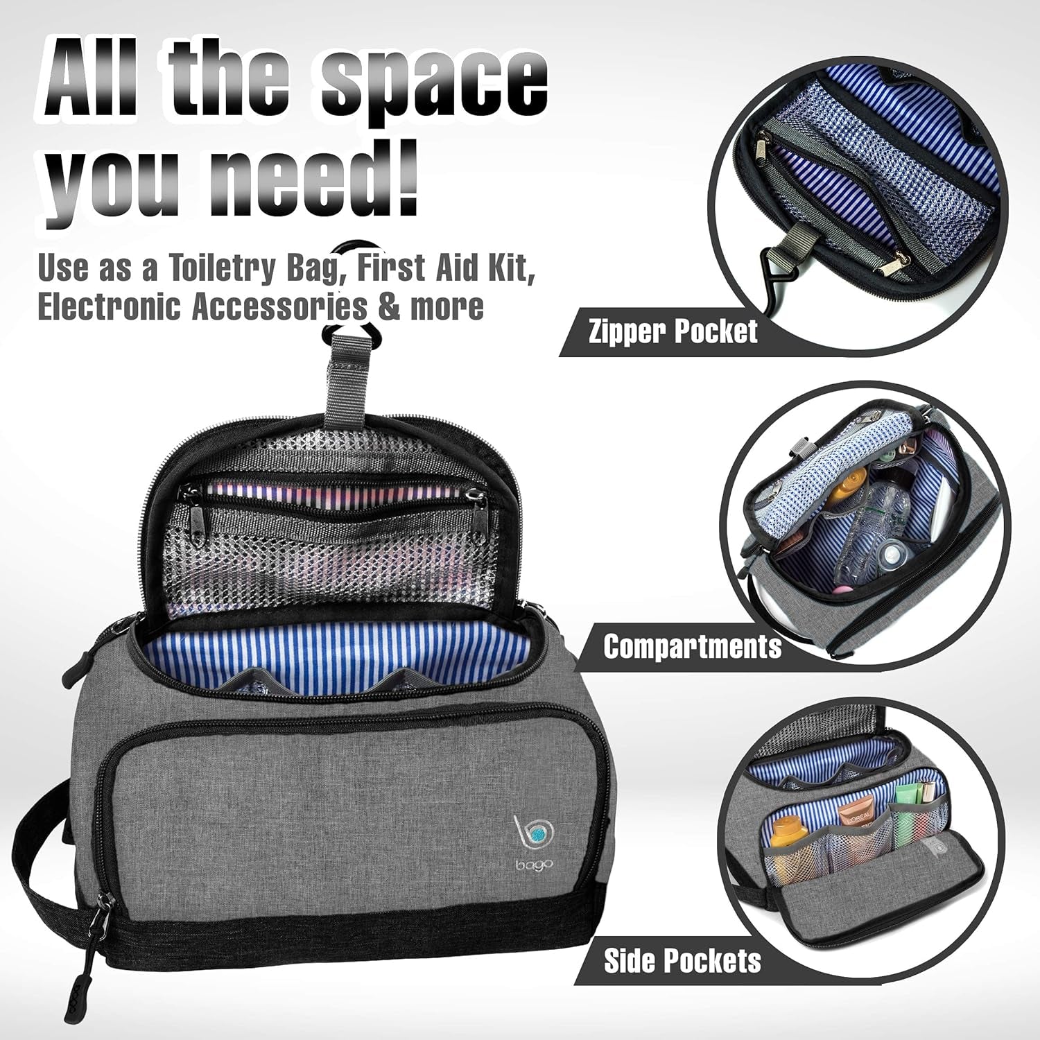Travel Toiletry Bag for Men and Women Nylon Dopp Kit Shaving Bag Organizer - Small Water-Resistant, Mens Toiletry Bag Travel Kit Shaving Case (Dop-Snowgray)