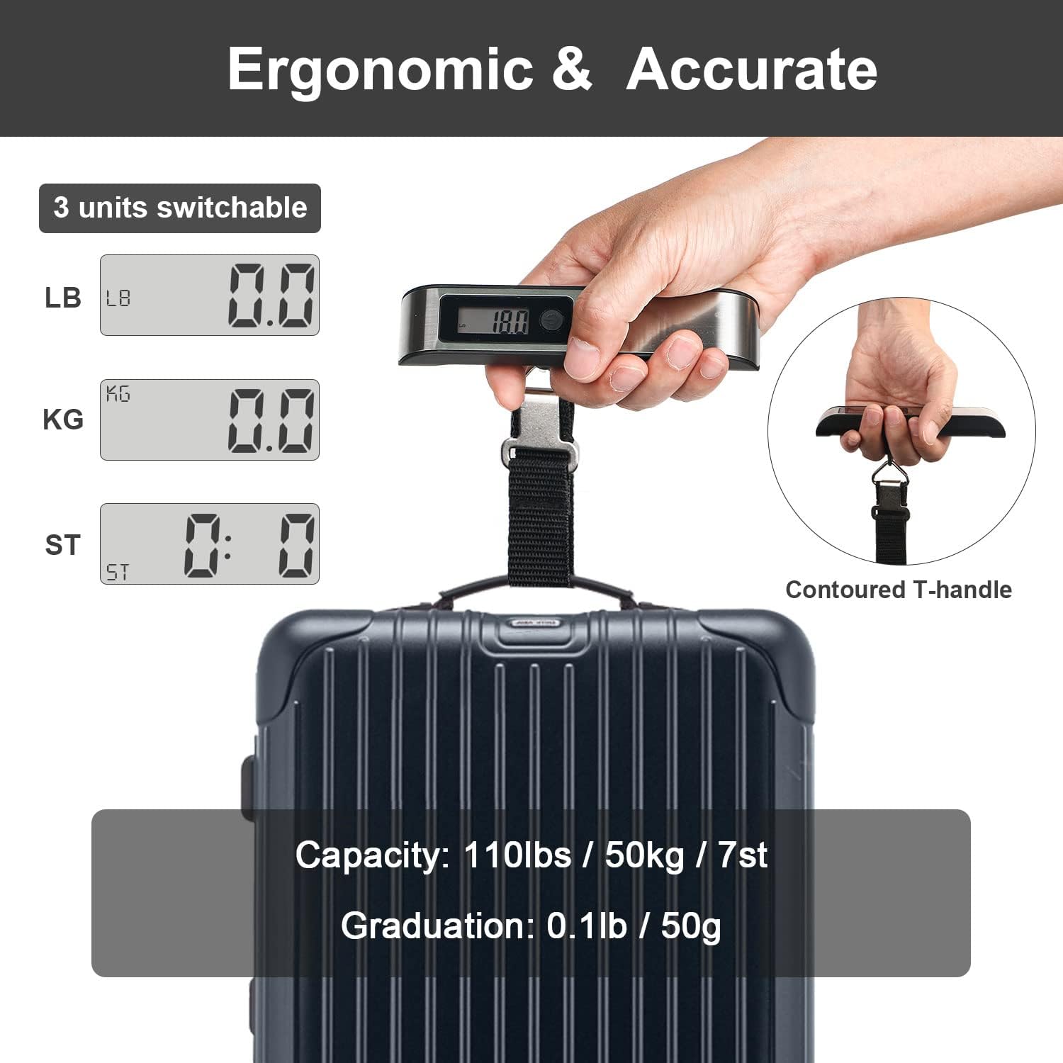 Luggage Scale, Portable Digital Hanging Baggage Scale for Travel, Suitcase Weight Scale with Rubber Paint, 110 Pounds, Battery Included