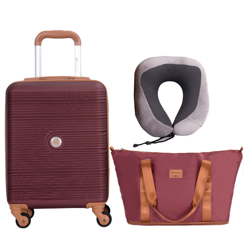 3-Piece Travel Set – 20” Hardside Carry-On Luggage with Duffel Bag and Memory Foam Travel Pillow (Wine Red)