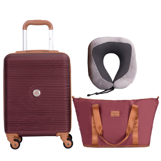 3-Piece Travel Set – 20” Hardside Carry-On Luggage with Duffel Bag and Memory Foam Travel Pillow (Wine Red)