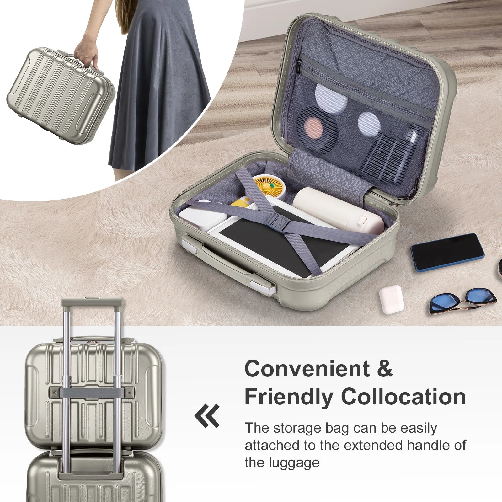 2 Piece Luggage Set, 20" Carry-On Expandble ABS+PC Luggage Hardside Lightweight Suitcase, 14" Mini Cosmetic Cases, Gray