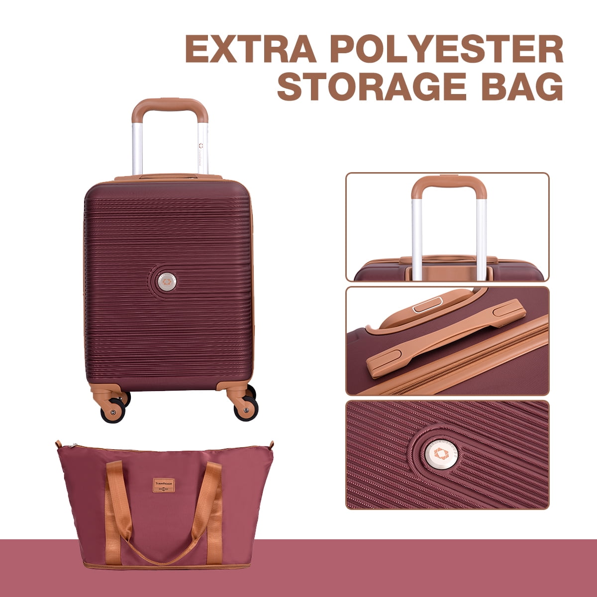3-Piece Travel Set – 20” Hardside Carry-On Luggage with Duffel Bag and Memory Foam Travel Pillow (Wine Red)