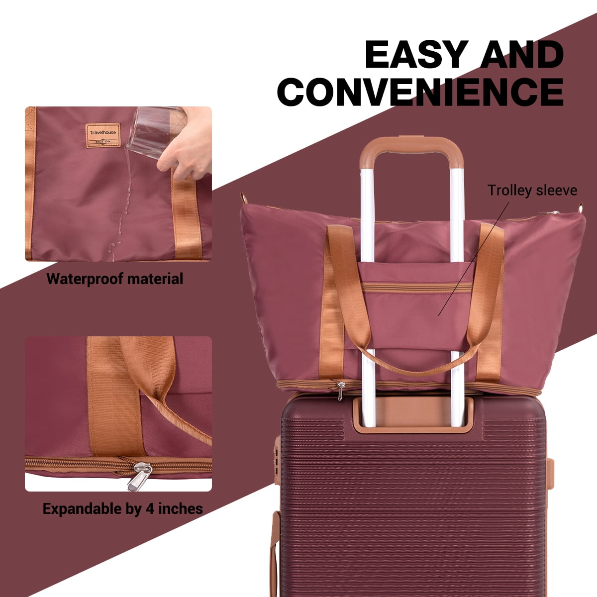 3-Piece Travel Set – 20” Hardside Carry-On Luggage with Duffel Bag and Memory Foam Travel Pillow (Wine Red)