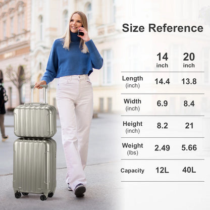 2 Piece Luggage Set, 20" Carry-On Expandble ABS+PC Luggage Hardside Lightweight Suitcase, 14" Mini Cosmetic Cases, Gray
