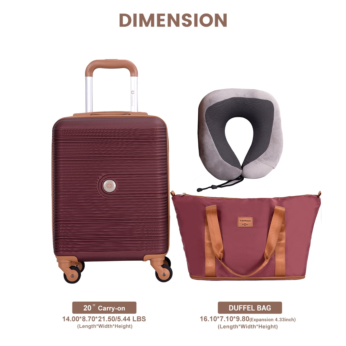 3-Piece Travel Set – 20” Hardside Carry-On Luggage with Duffel Bag and Memory Foam Travel Pillow (Wine Red)